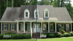 Before and after photo showing the attention to detail our experts have when doing soft roof cleaning. Once our experts are done power washing your roof you'll wonder why you didn't call us sooner.